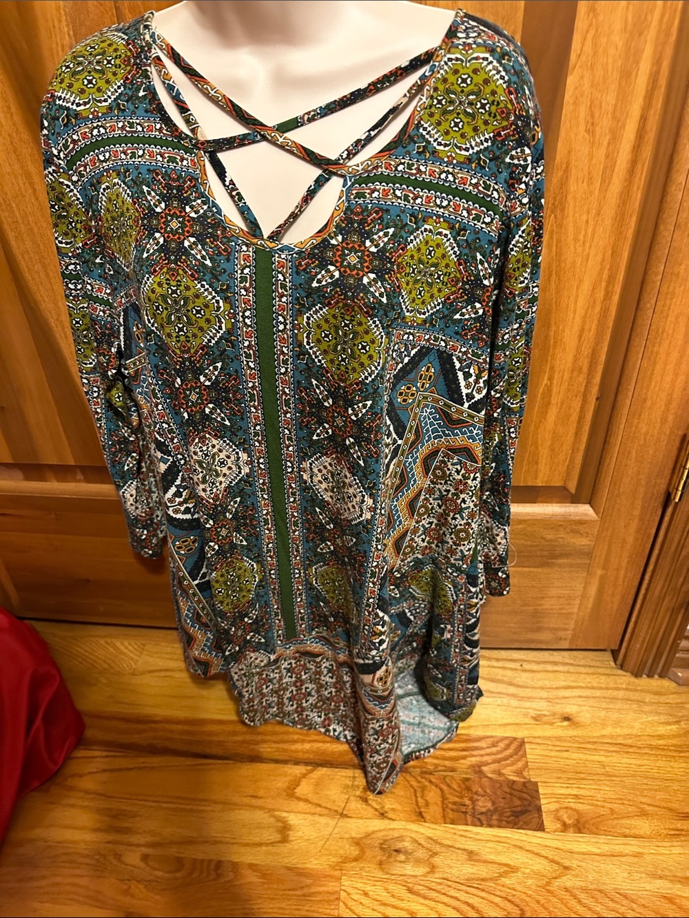 ONE WORLD Teal Multi Crisscross V-Neck Tunic